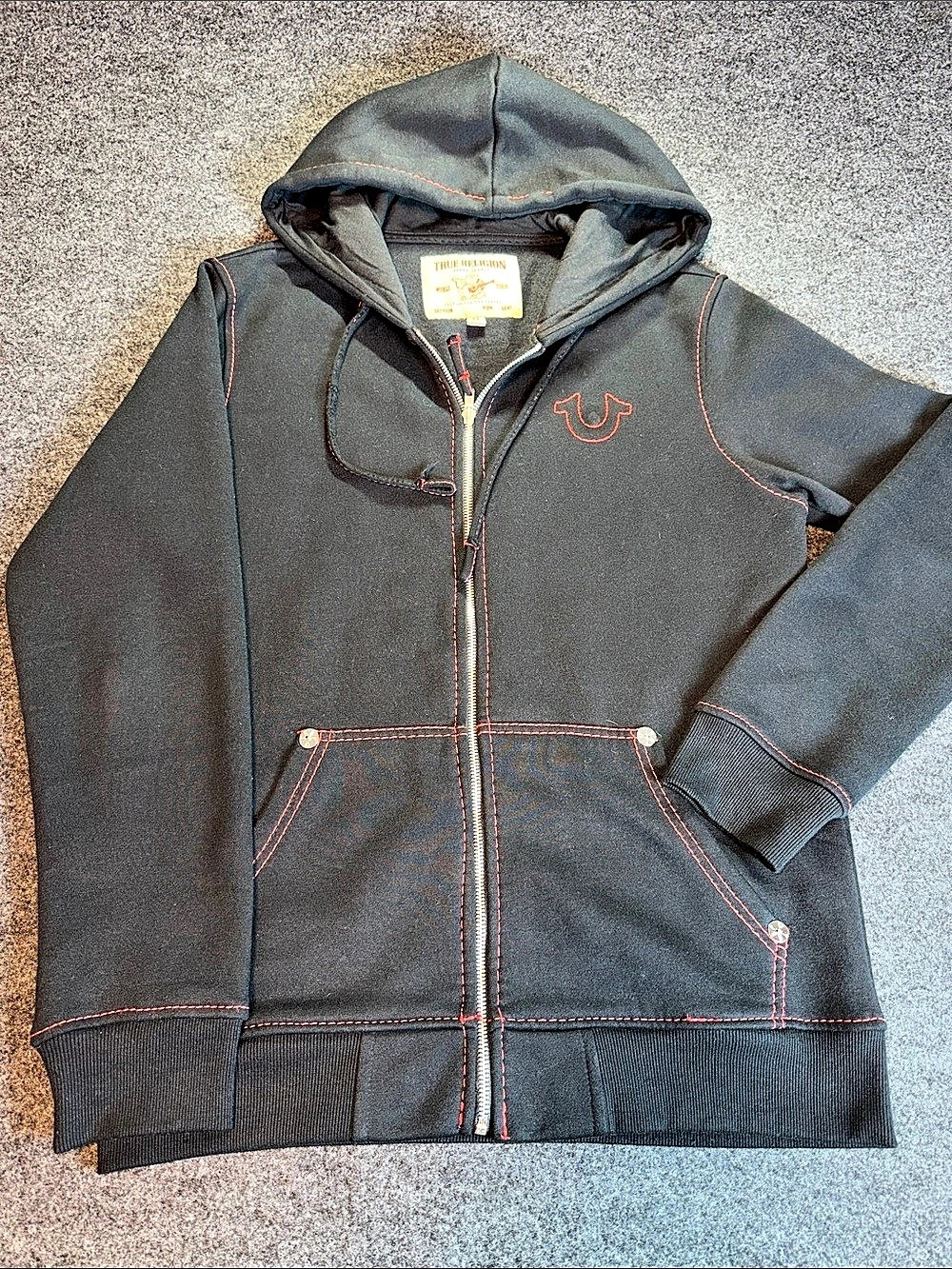 True Religion Men's Black Hooded Sweater Size Medium Mint Condition.